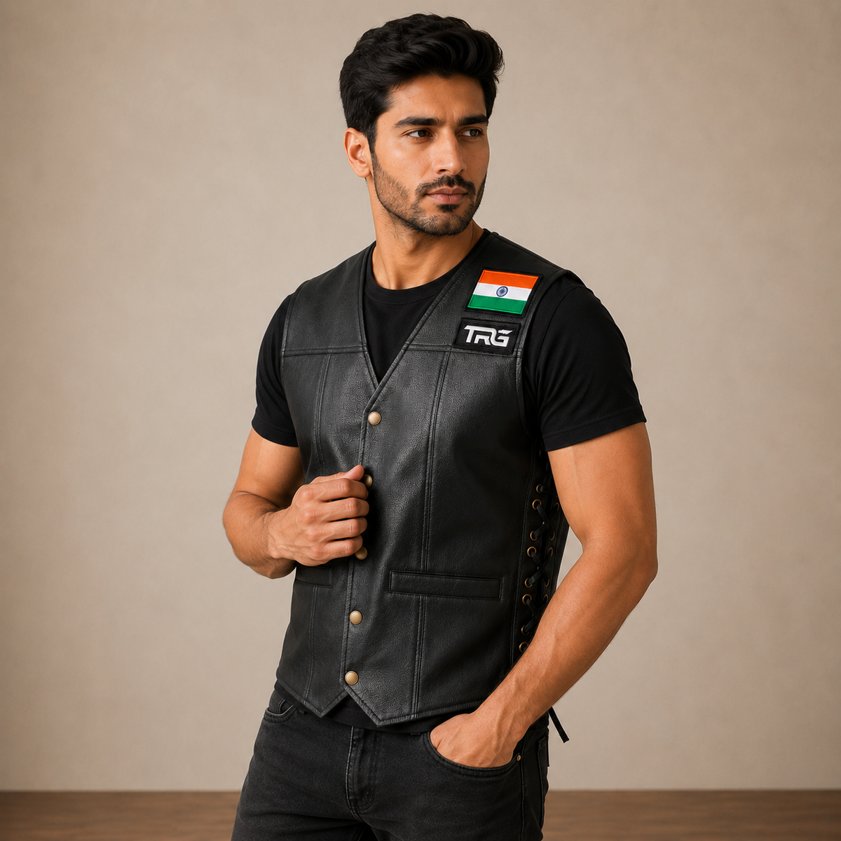 Indian Flag embroidered patch shown from a side angle on a black leather riding vest
