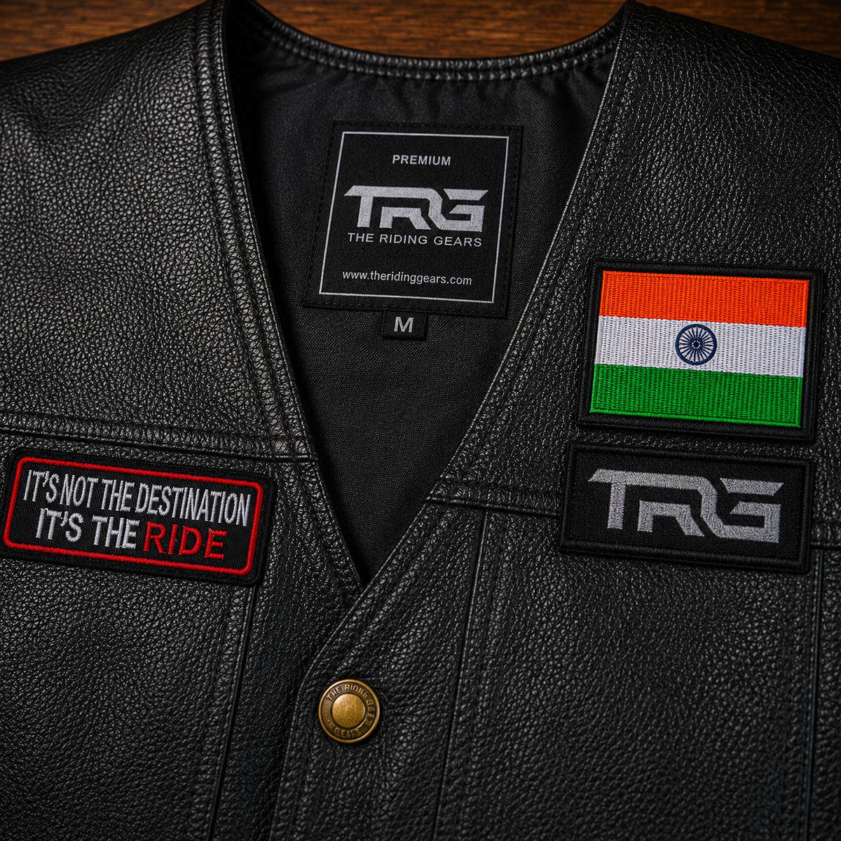 Biker Patch It's Not The Destination It's The Ride close-up showing red white embroidery on leather vest