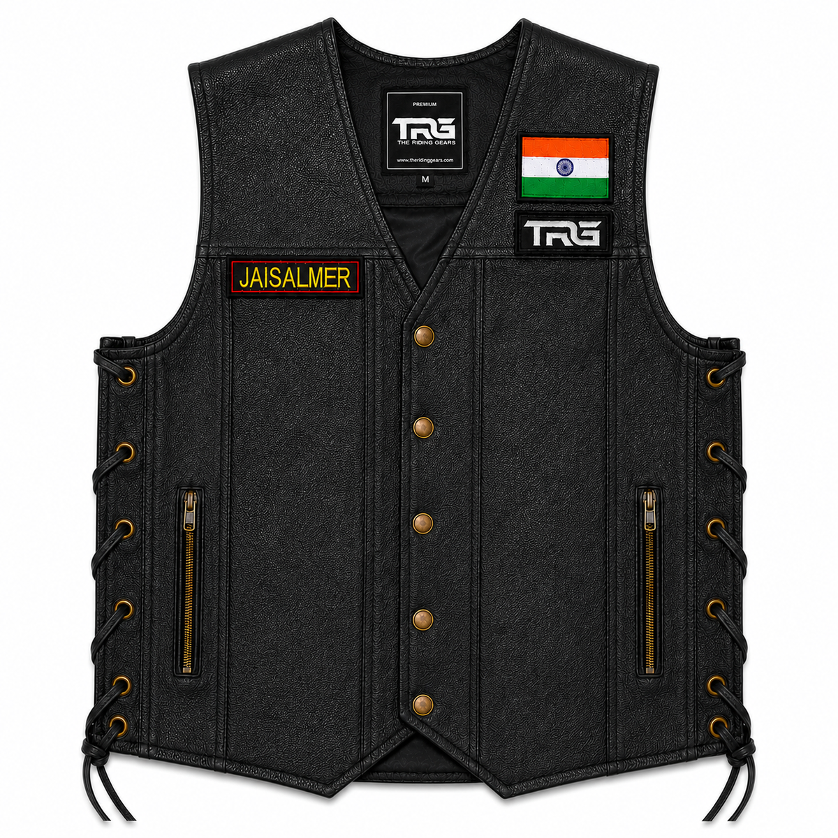 Black leather riding vest with Jaisalmer embroidered patch displayed on white background.
