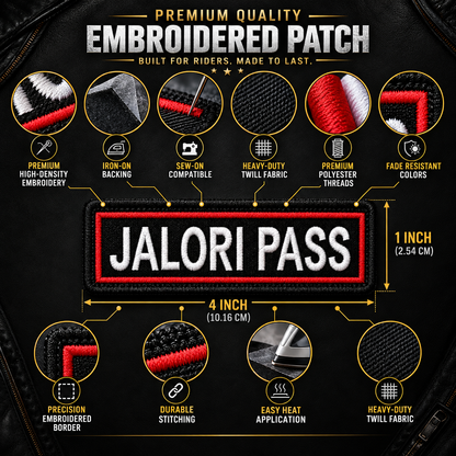 Jalori Pass embroidered patch size infographic showing premium embroidery features with 4 inch width and 1 inch height.