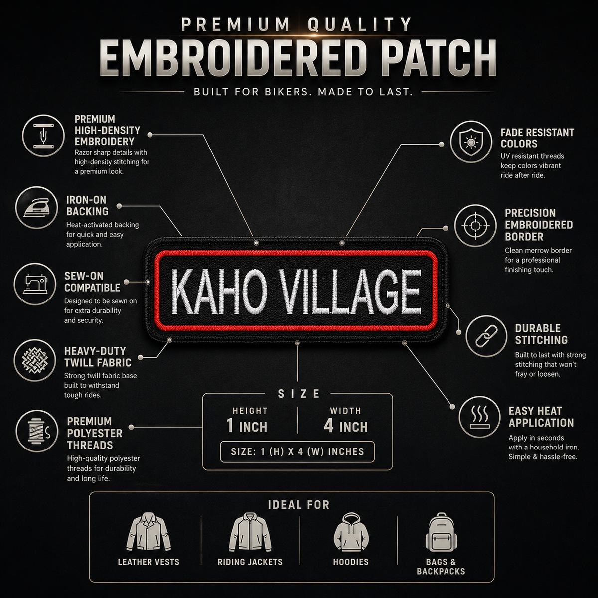 Features infographic of TRG Kaho Village embroidery patch showing premium embroidery, iron-on backing, sew-on compatibility and size 4 x 1 inches.
