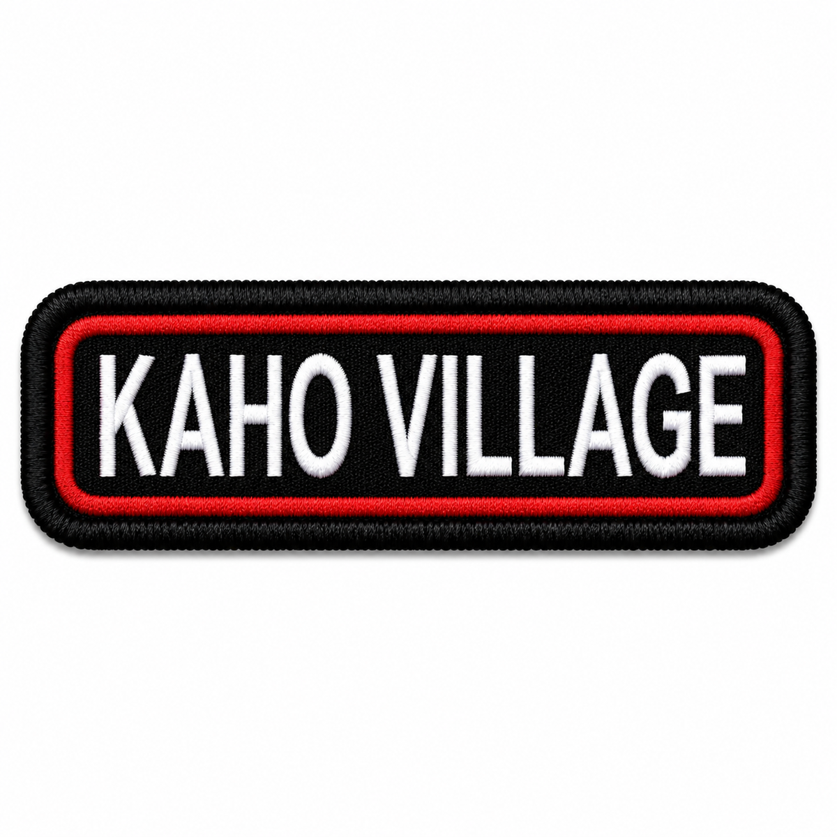 TRG Kaho Village embroidery patch in black, red and white thread shown on a clean white background.