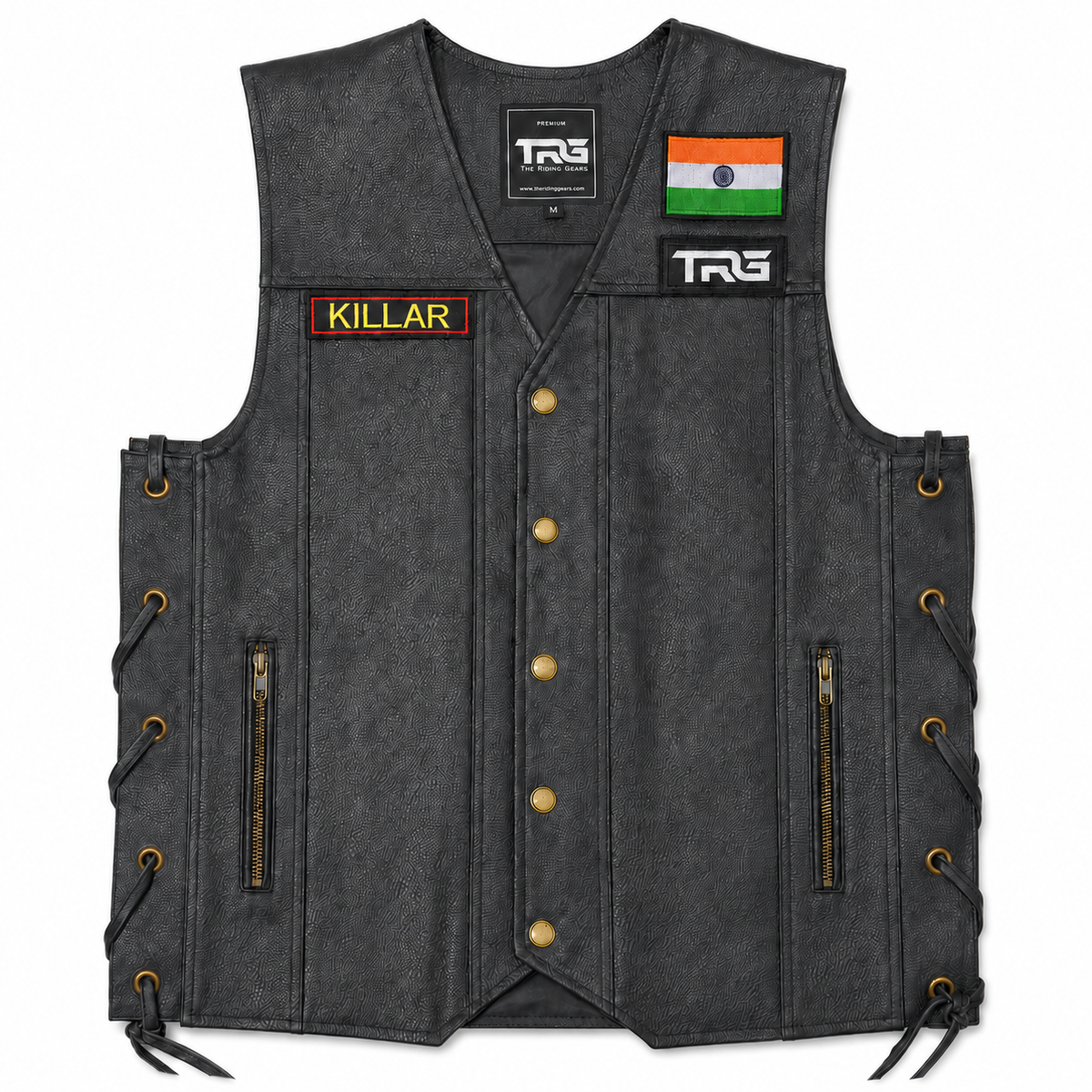 TRG black riding vest with Killar embroidery patch, Indian flag patch and TRG logo displayed on a white background.