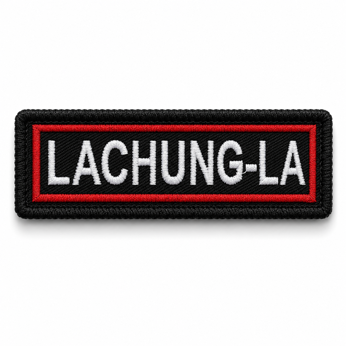 Lachung-La embroidered patch by TRG in black, red, and white on white background.
