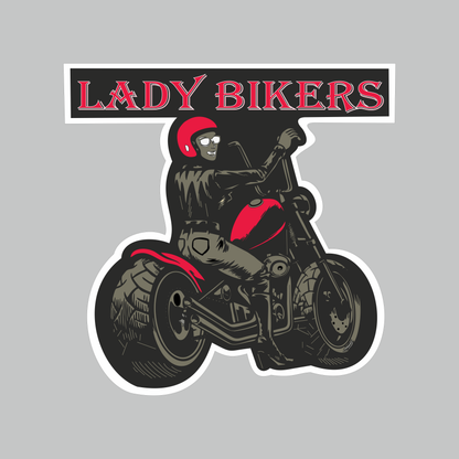 Lady Biker female motorcycle rider sticker featuring red helmet and cruiser bike artwork with bold Lady Bikers lettering