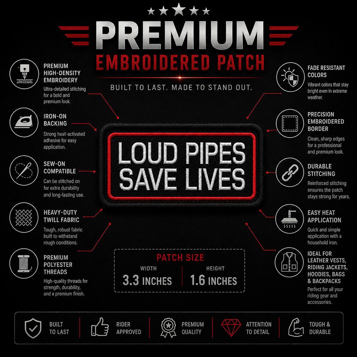 Loud Pipes Save Lives Biker Patch showing embroidery features and 3.3 x 1.6 inch patch size