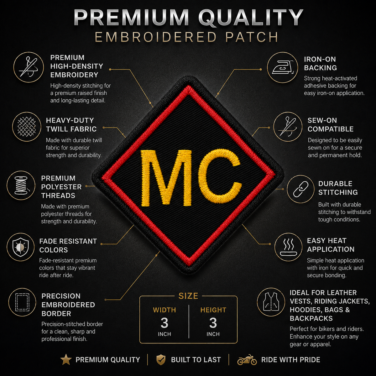 MC Biker Patch showing premium embroidery features and 3 x 3 inch patch size