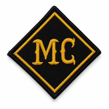 Golden Yellow MC Biker Patch with golden yellow embroidered lettering and border on black background