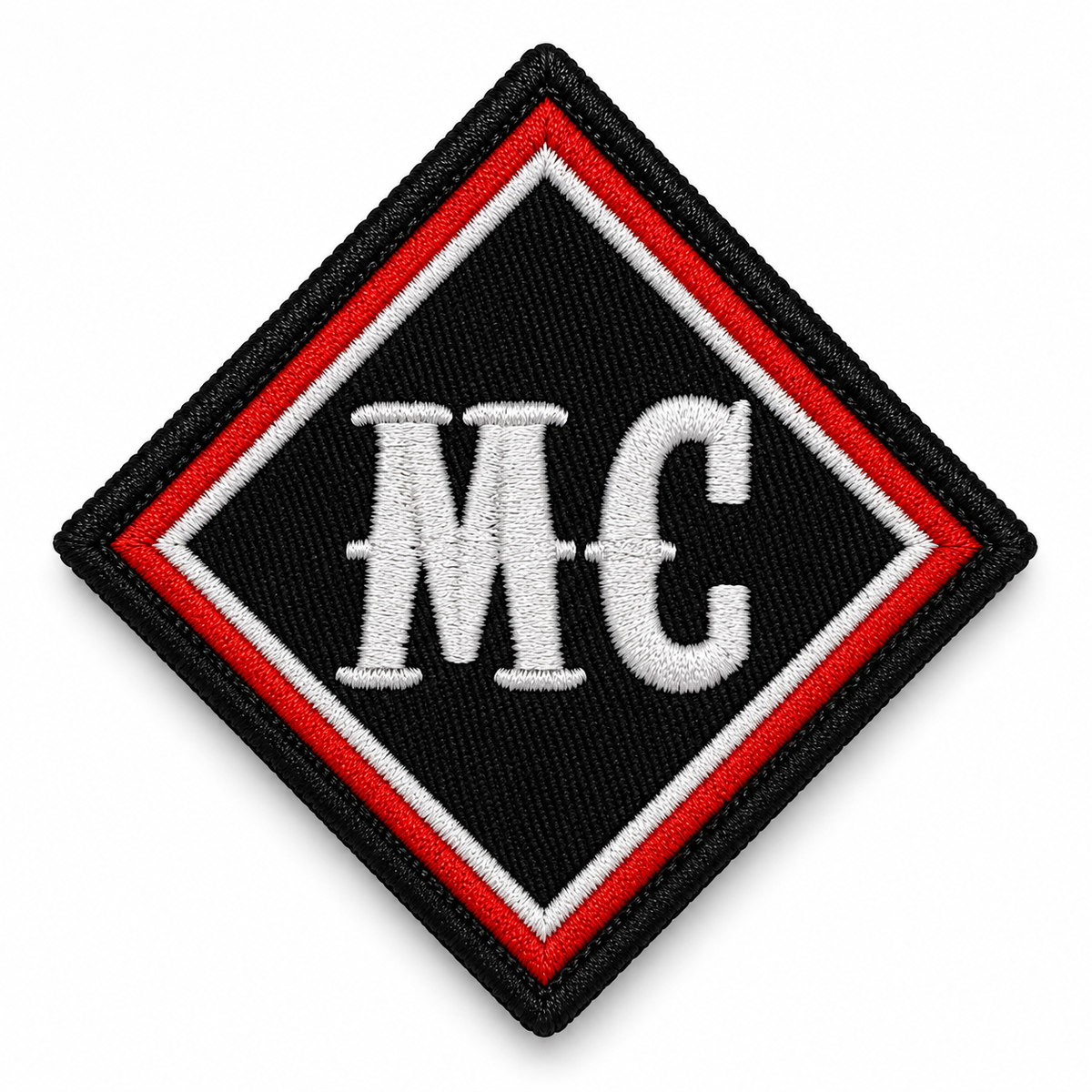 Red White MC Biker Patch with white MC lettering, red and white embroidered border on black background