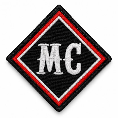 Red White MC Biker Patch with white MC lettering, red and white embroidered border on black background