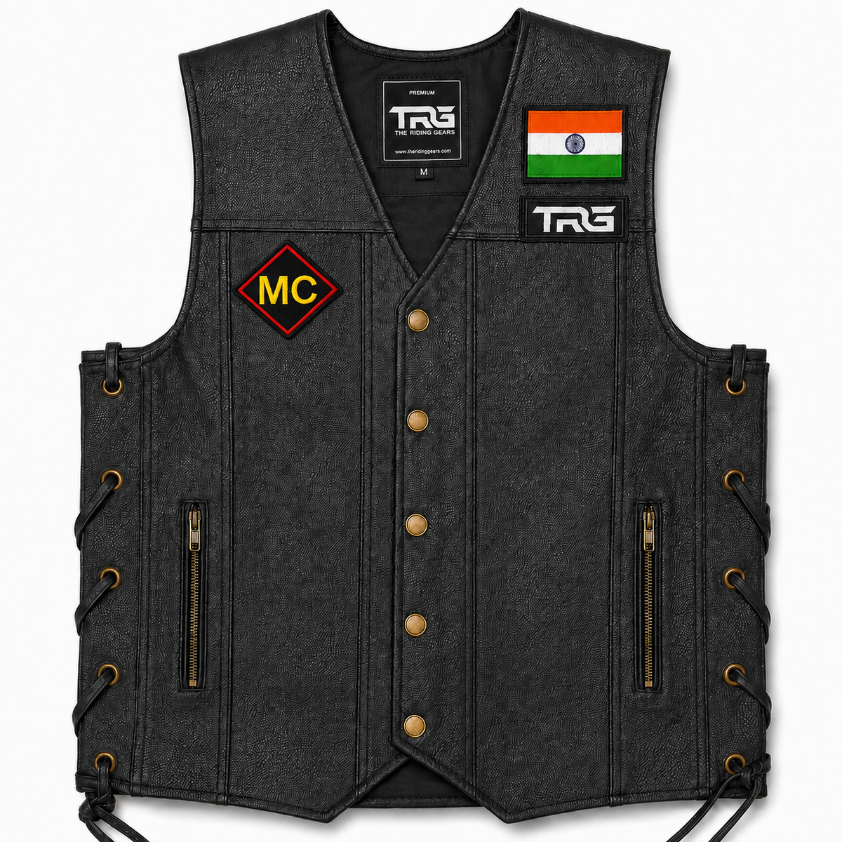MC Biker Patch displayed on black motorcycle riding vest on white background