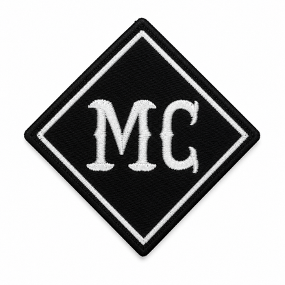 White MC Biker Patch with white embroidered lettering and border on black background