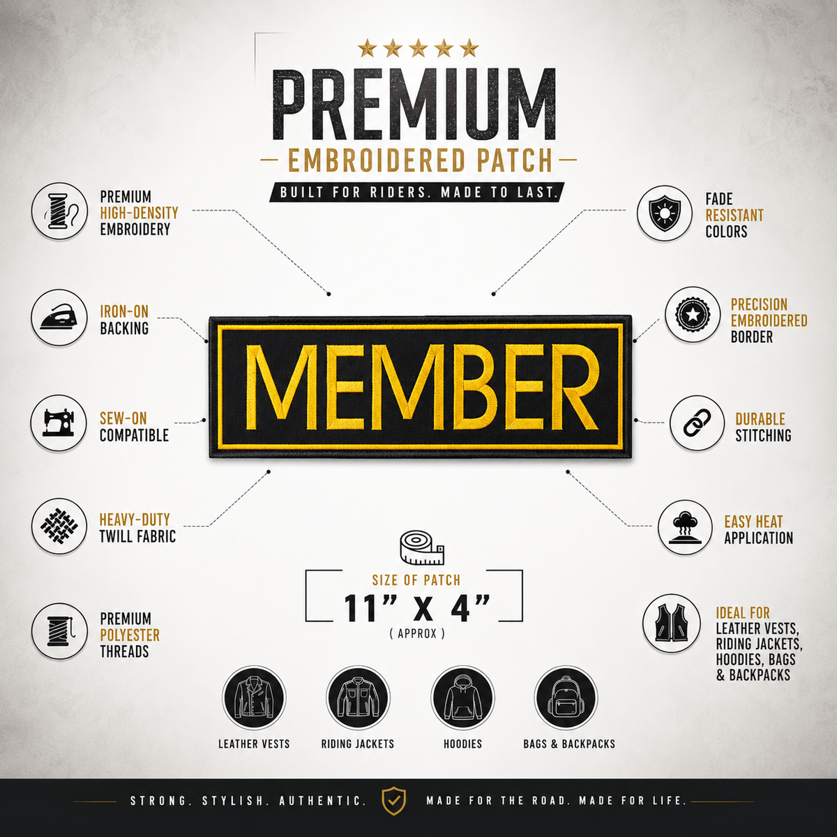 Member embroidery patch features and size infographic showing 11 x 3.8 inch patch by TRG Gears