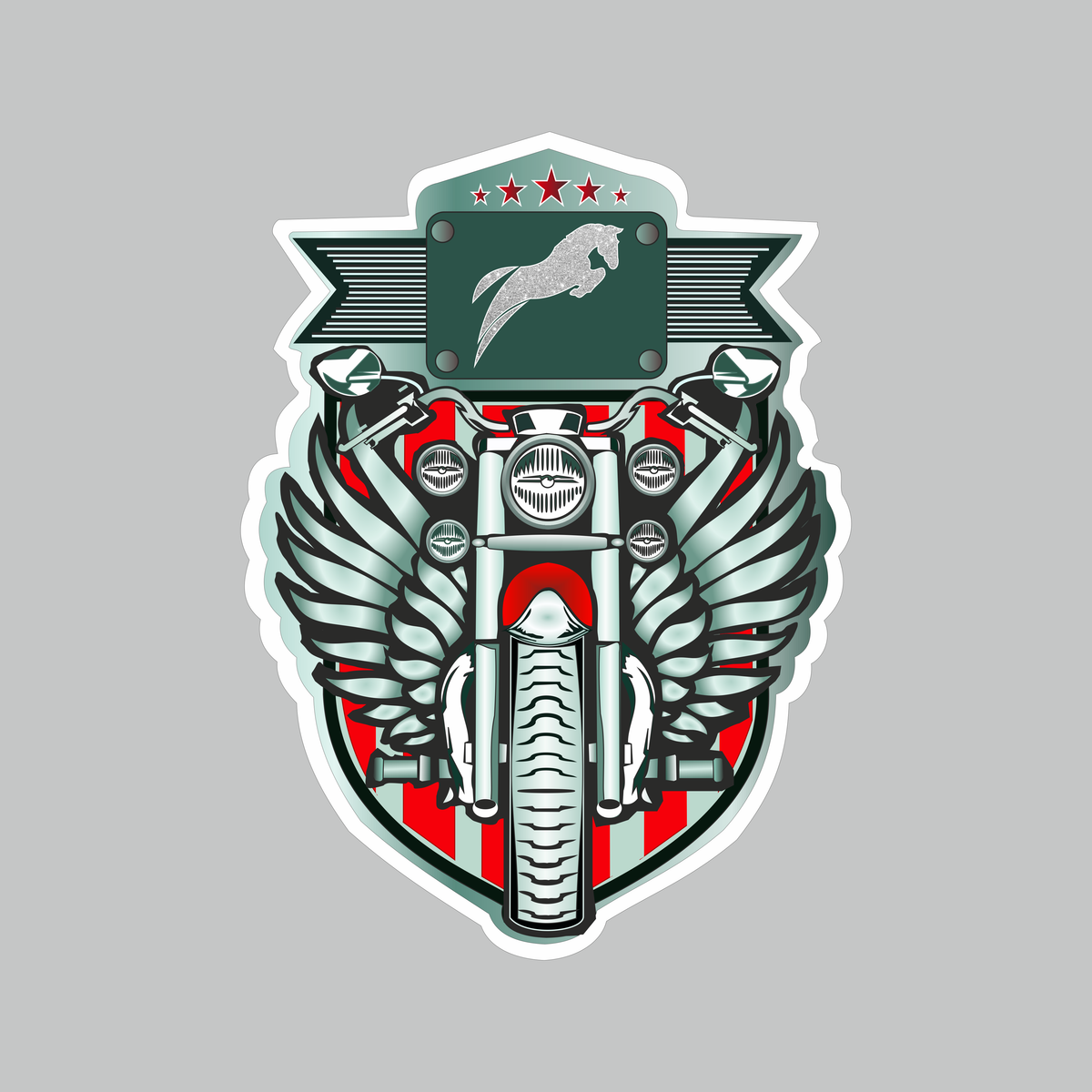 Motorbike with Winged Horse Logo sticker featuring front-view motorcycle, detailed wings, horse emblem and red star design