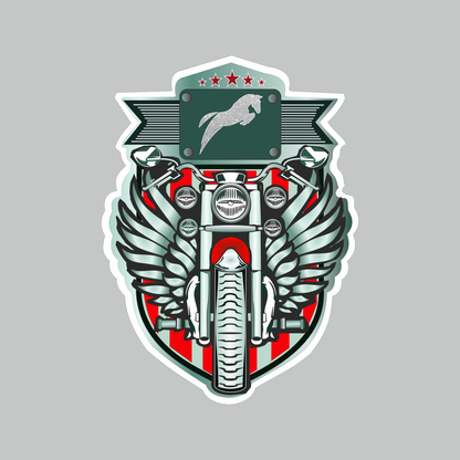 Motorbike with Winged Horse Logo sticker featuring front-view motorcycle, detailed wings, horse emblem and red star design