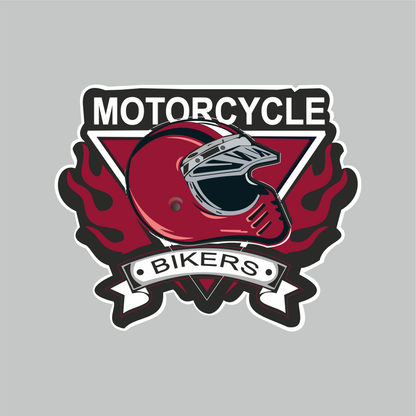 Motorcycle Bikers sticker with red motorcycle helmet, flame graphics and bold black white biker design