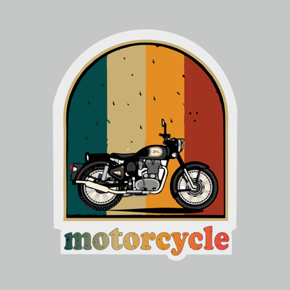 Motorcycle sticker with retro classic bike artwork and vintage green beige orange red striped background