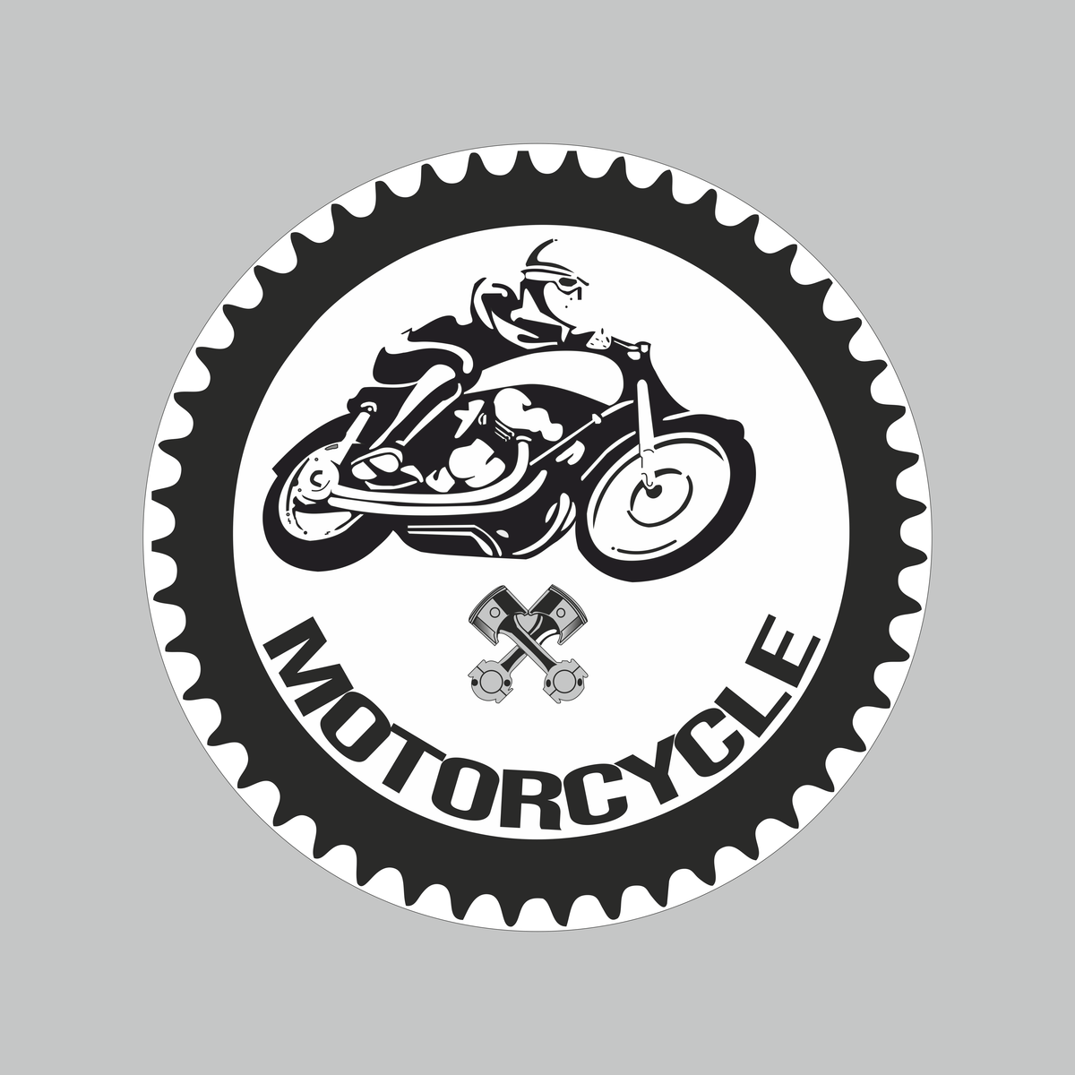 Motorcycle round sticker with black and white biker motorcycle artwork in circular gear-style design