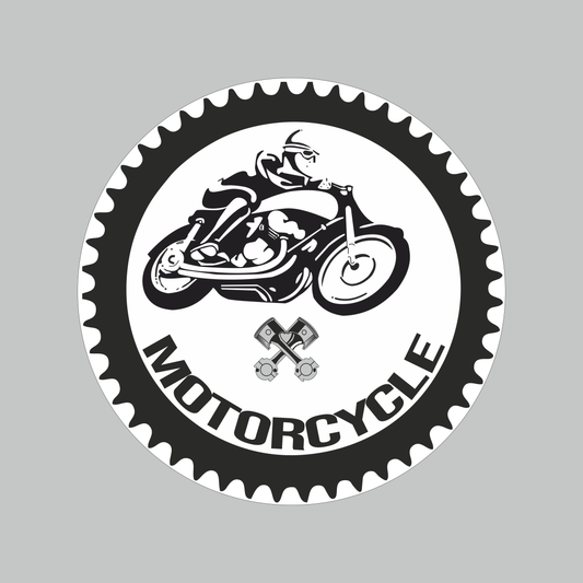Motorcycle round sticker with black and white biker motorcycle artwork in circular gear-style design