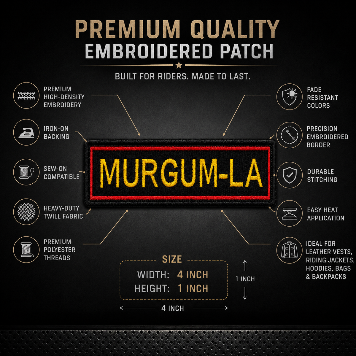 Murgum-La embroidery patch features infographic showing premium high-density embroidery, iron-on backing, sew-on compatibility and 4 x 1 inch size.