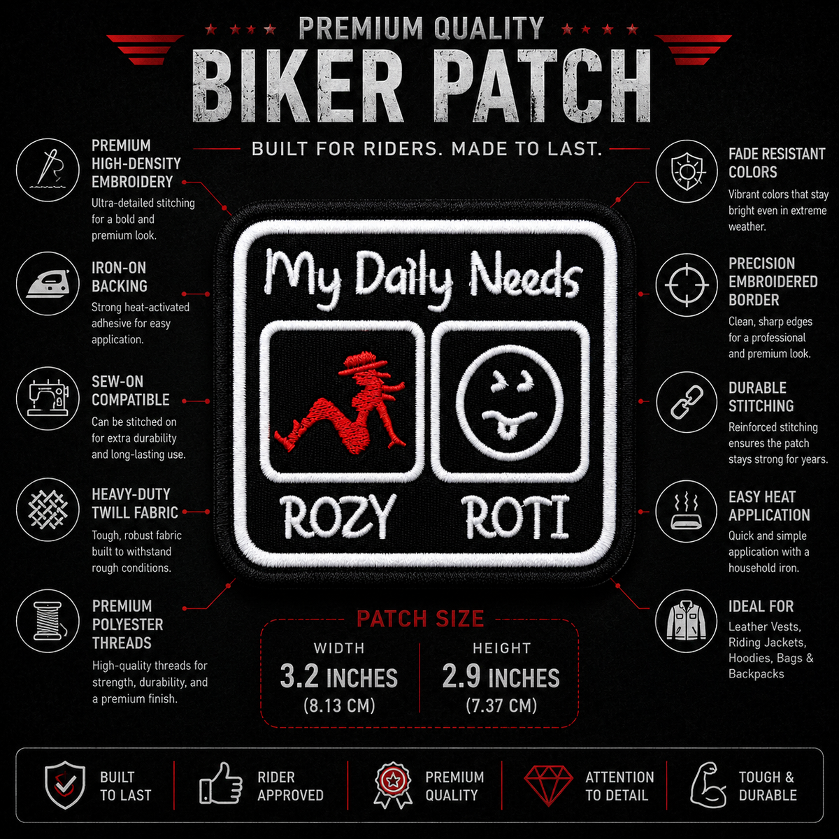 My Daily Needs Rozy Roti Biker Patch showing embroidery features and 3.2 x 2.9 inch size