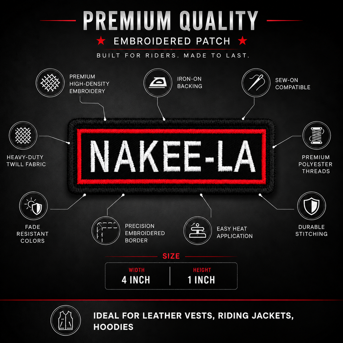 Nakee-LA embroidery patch features infographic showing premium high-density embroidery, iron-on backing, sew-on compatibility and 4 x 1 inch size.