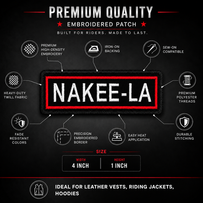 Nakee-LA embroidery patch features infographic showing premium high-density embroidery, iron-on backing, sew-on compatibility and 4 x 1 inch size.