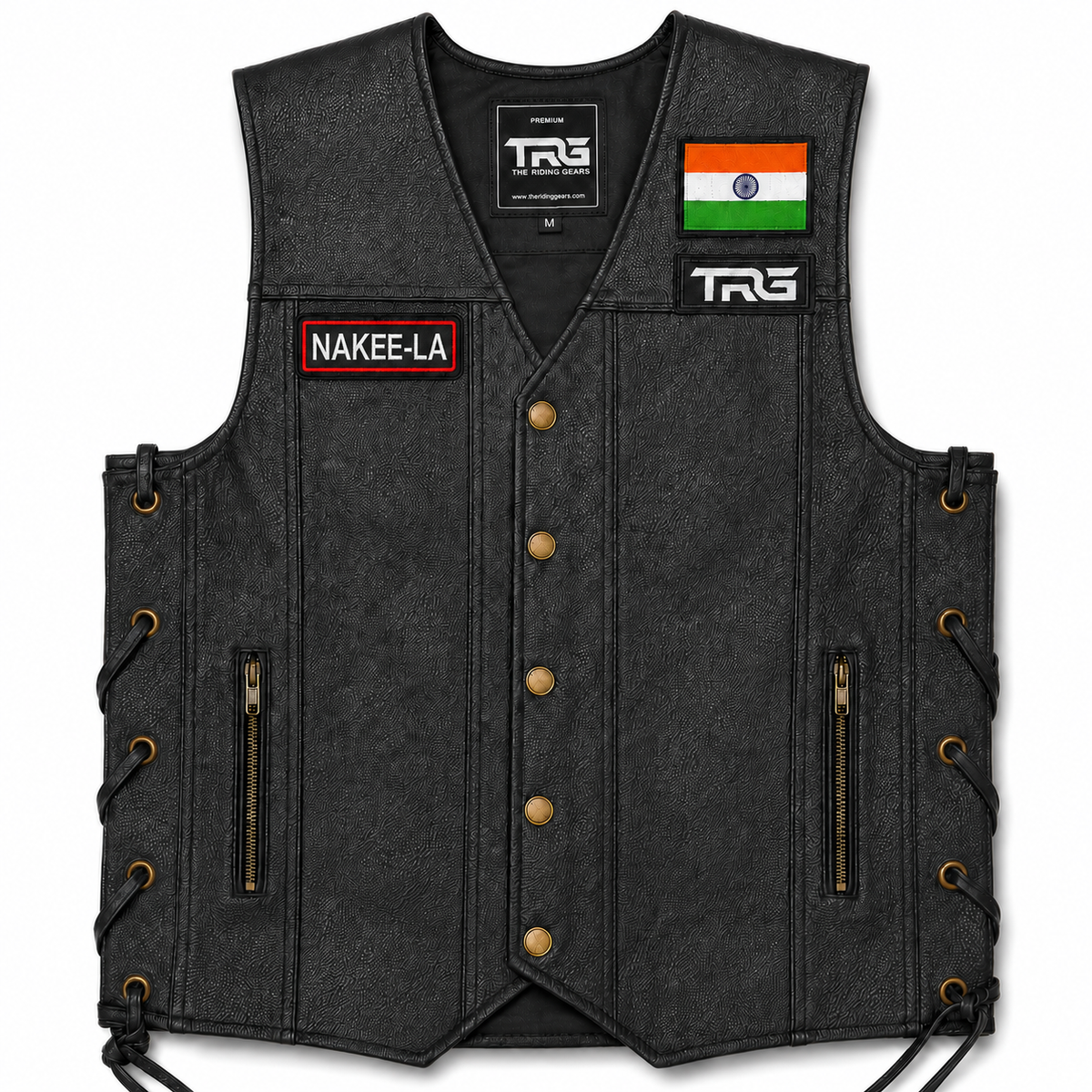 Nakee-LA embroidery patch fitted on black TRG leather riding vest with Indian Flag and TRG chest patches.