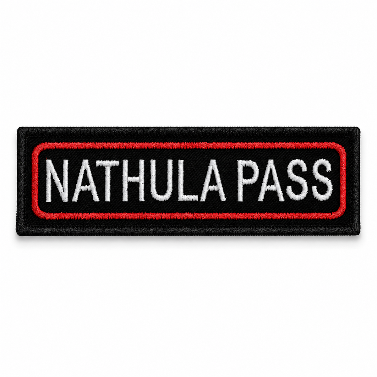 Nathula Pass embroidered name patch on white background with black base, white text, and red embroidered border.
