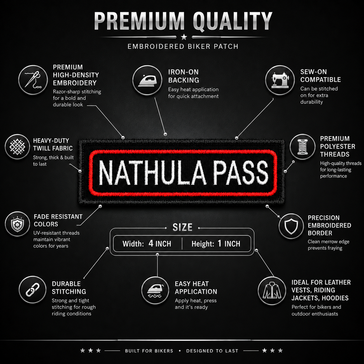 Nathula Pass embroidered patch infographic showing premium quality, iron-on backing, sew-on compatibility, durable stitching, and 4 x 1 inch size.