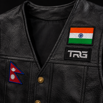 Close-up of Nepal Flag Embroidery Patch showing detailed red stitching, white moon and sun symbols and blue embroidered border