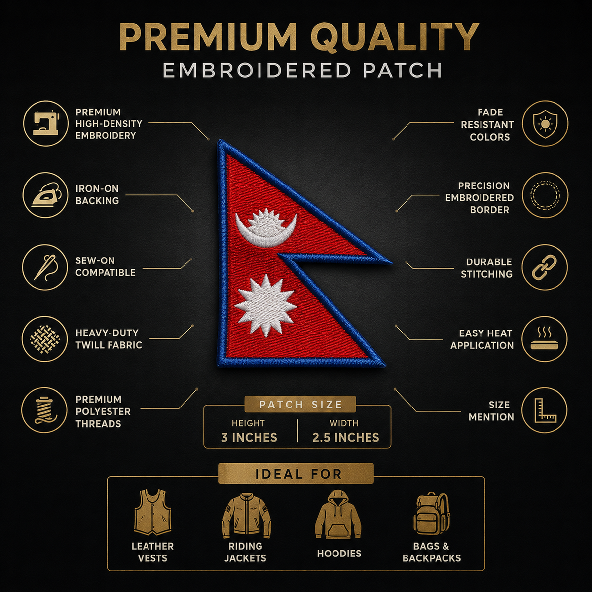 Nepal Flag Embroidery Patch features infographic showing 3 x 2.5 inch size, iron-on backing, sew-on use and durable stitching