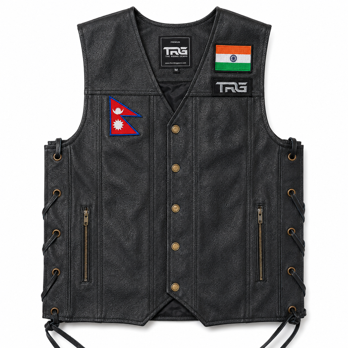 Nepal Flag Embroidery Patch displayed on the chest of a black leather riding vest