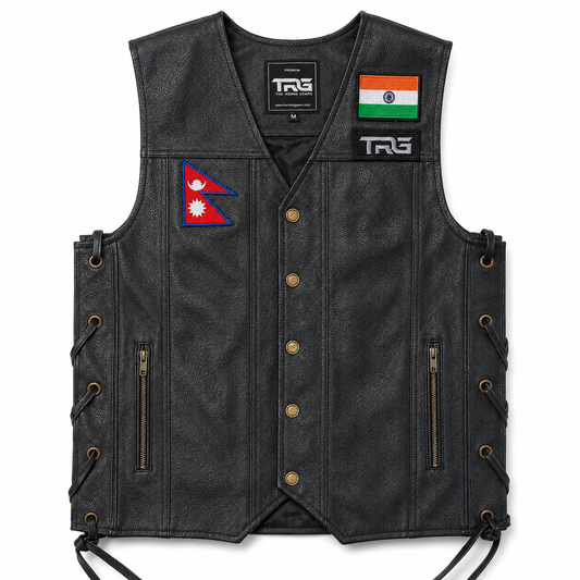 Nepal Flag Embroidery Patch displayed on the chest of a black leather riding vest