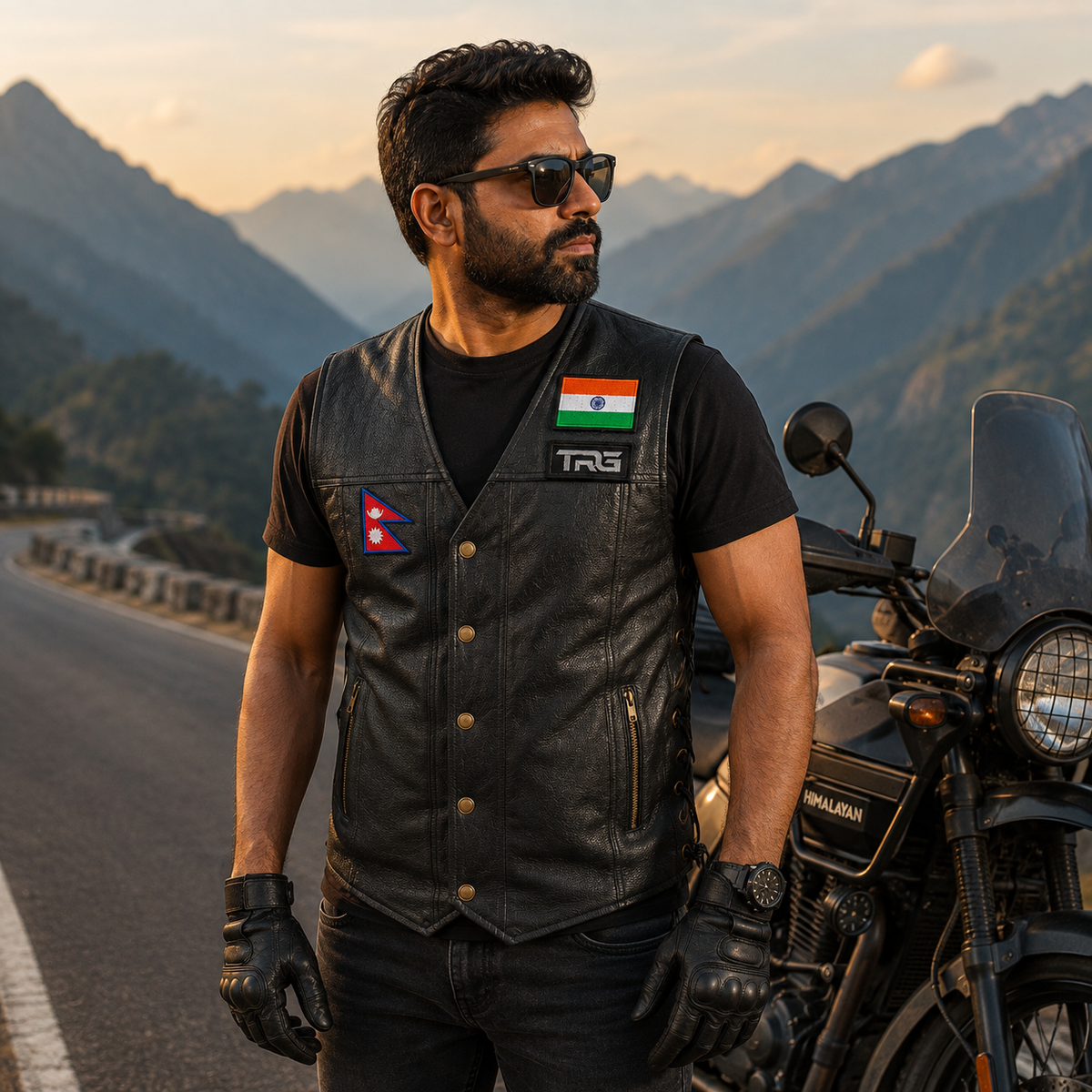 Nepal Flag Embroidery Patch worn on a black leather vest beside an adventure motorcycle on a mountain road