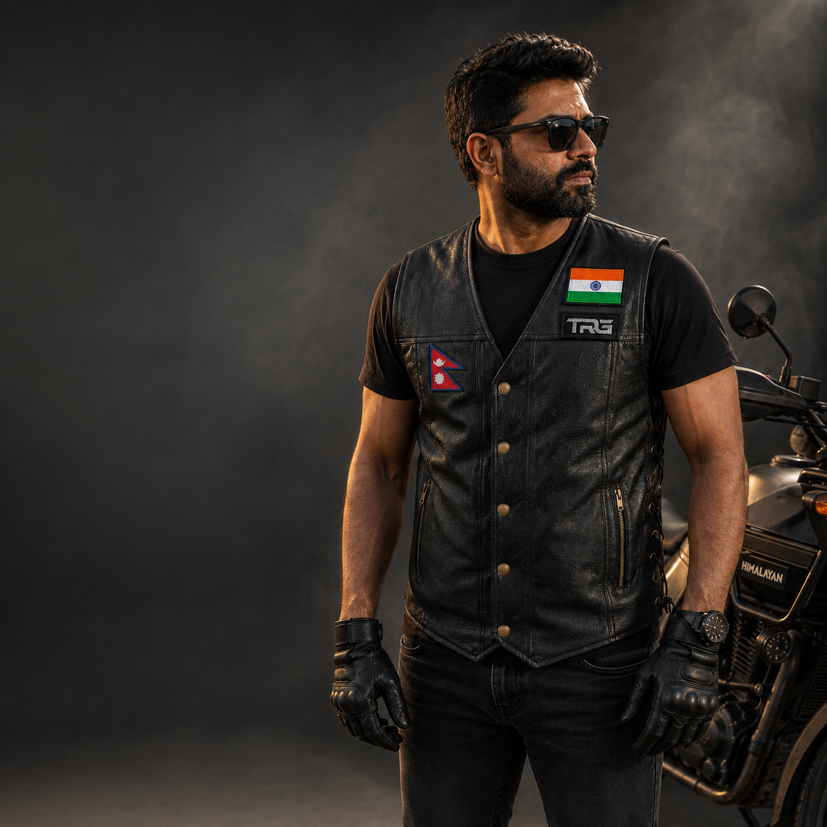 Nepal Flag Embroidery Patch worn on a black leather riding vest in a studio motorcycle lifestyle setting