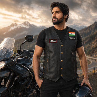 Rider wearing TRG black leather vest with Nepal embroidered name patch beside an adventure motorcycle in a mountain setting.