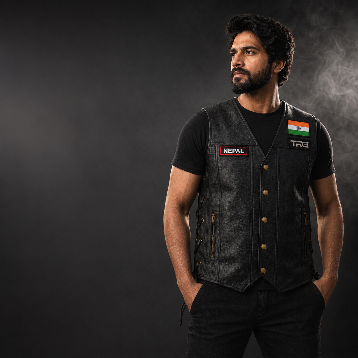 Studio rider wearing TRG black leather vest featuring Nepal embroidered name patch, Indian flag patch and TRG chest patch.