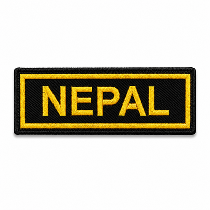 Nepal embroidered name patch with yellow lettering and border on black twill fabric, displayed on a clean white background.