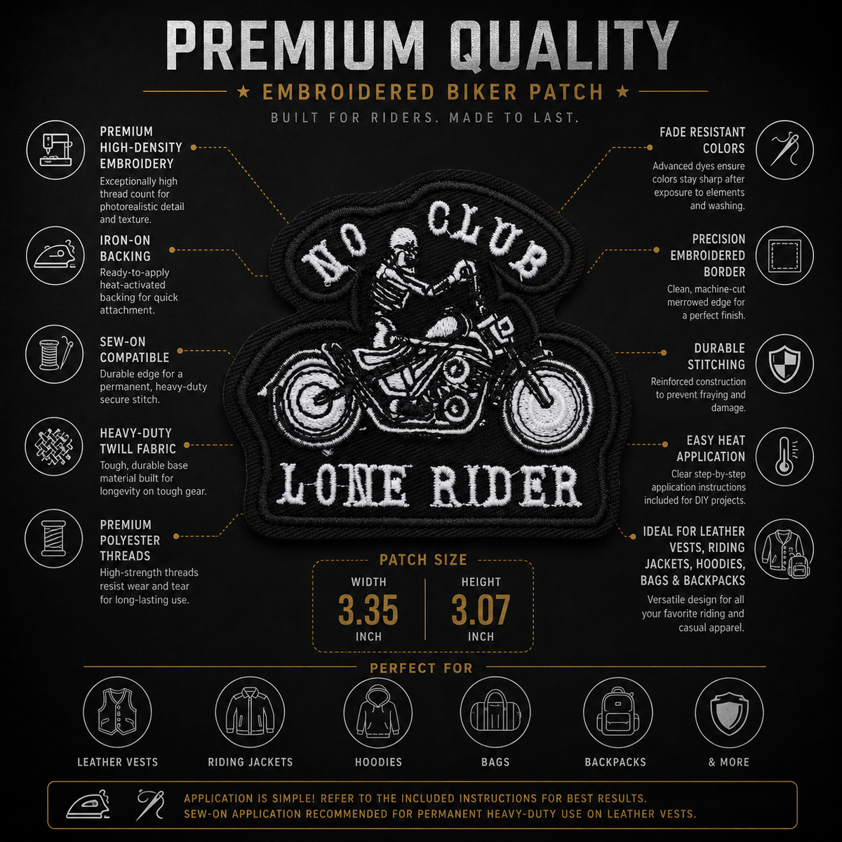 No Club Lone Rider Biker Patch showing premium embroidery features and 3.35 x 3.07 inch size