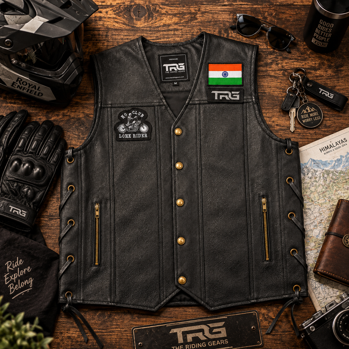 No Club Lone Rider Biker Patch displayed on black motorcycle vest with premium riding accessories
