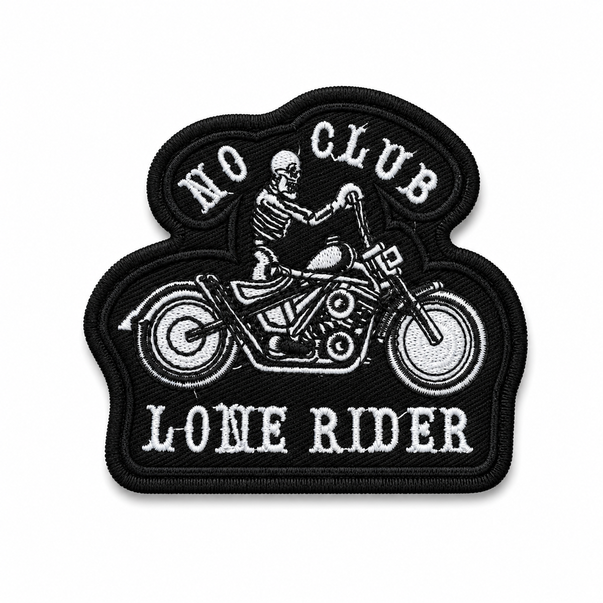 No Club Lone Rider Biker Patch with skeleton motorcycle design in black and white embroidery on white background