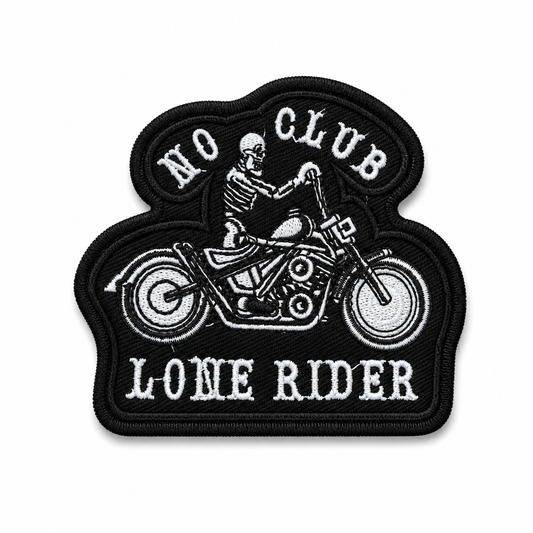No Club Lone Rider Biker Patch with skeleton motorcycle design in black and white embroidery on white background