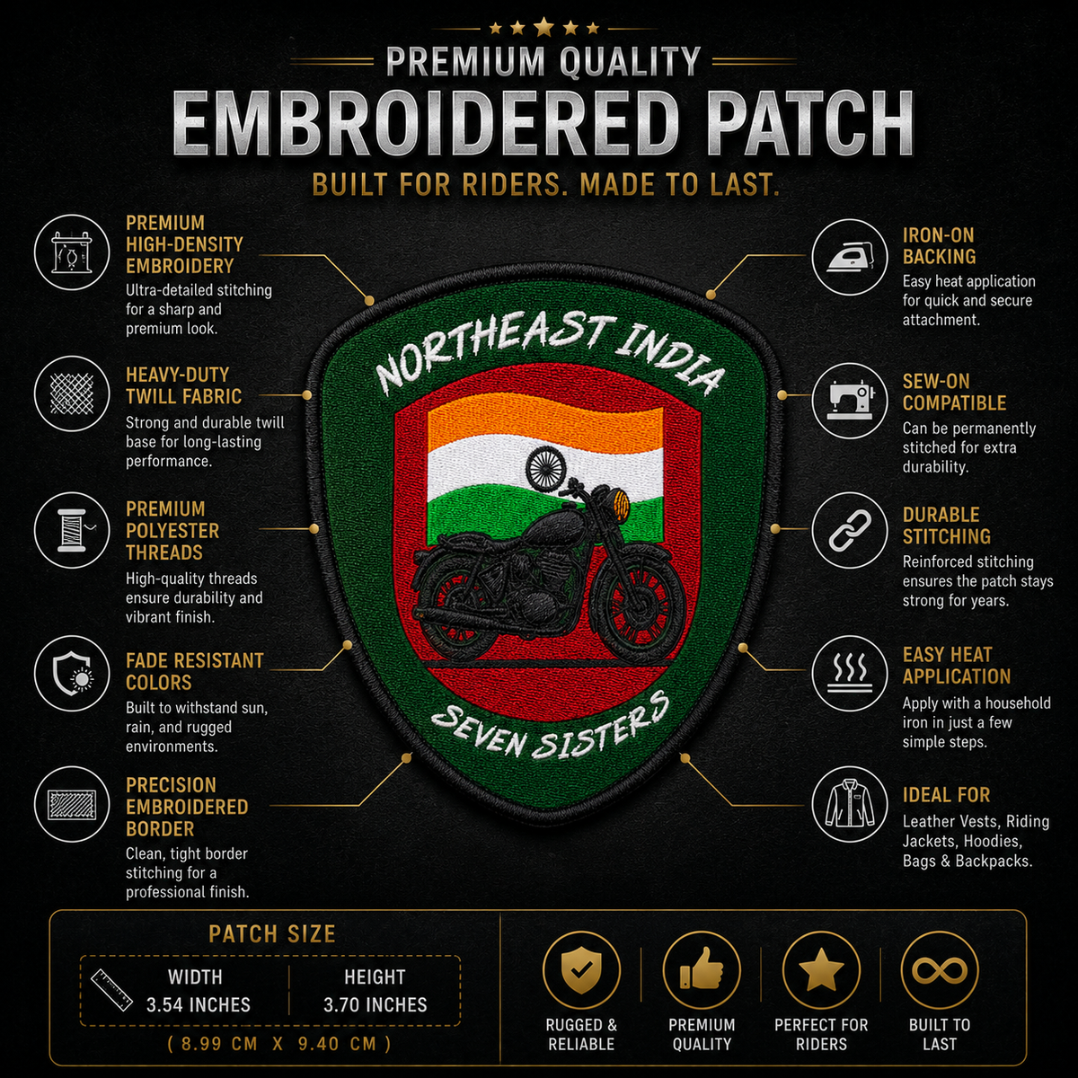 Northeast India Seven Sisters Biker Patch showing embroidery features and 3.54 x 3.70 inch size