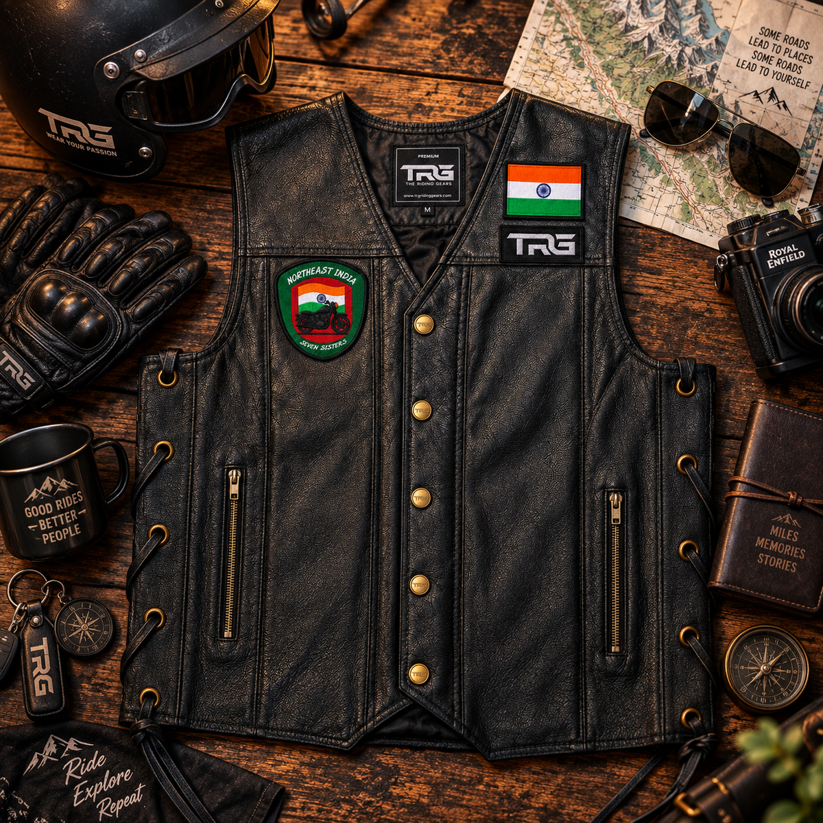 Northeast India Seven Sisters Biker Patch displayed on black biker vest with motorcycle touring accessories