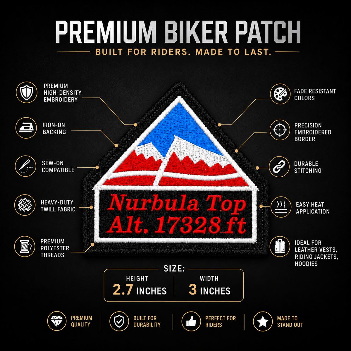 Nurbula Top Alt. 17328 Ft embroidered patch features infographic showing high-density embroidery, iron-on backing, sew-on compatibility and 3 x 2.7 inch size.