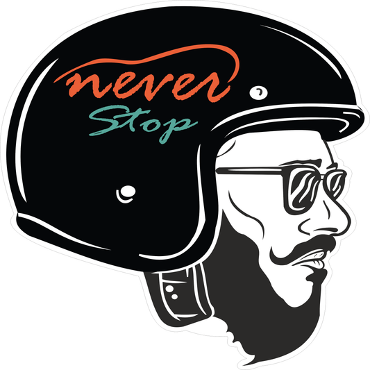 Never Stop Sticker 2.5 × 2 Inches – Motivational Motorcycle Sticker