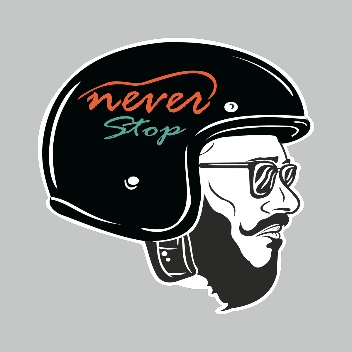 Never Stop biker sticker featuring black motorcycle helmet, bearded rider with sunglasses and orange teal lettering