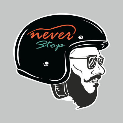 Never Stop biker sticker featuring black motorcycle helmet, bearded rider with sunglasses and orange teal lettering