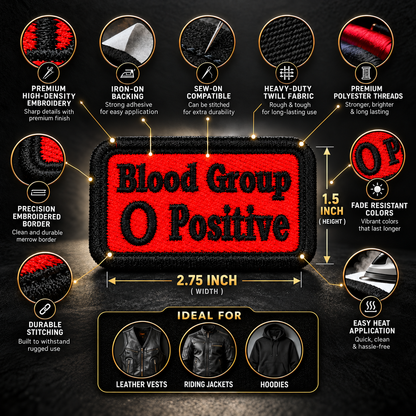 O Positive Blood Group Patch showing embroidery features and 2.75 x 1.5 inch patch size